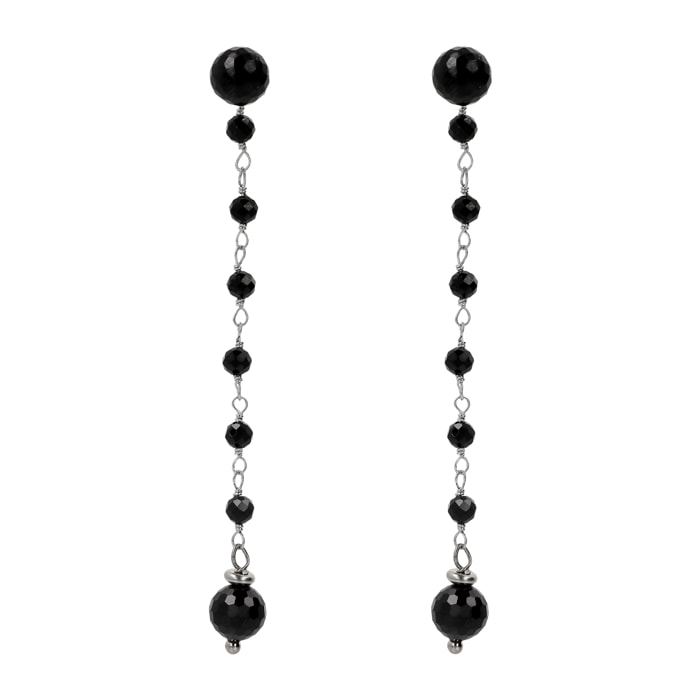 Orecchini Rosario Pendenti a Filo con Pietra Naturale Spinello Nero in Argento 925 placcato Oro bianco 18Kt