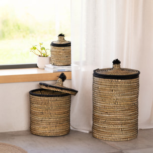 Panier à linge en fibres végétales et laine - Noir