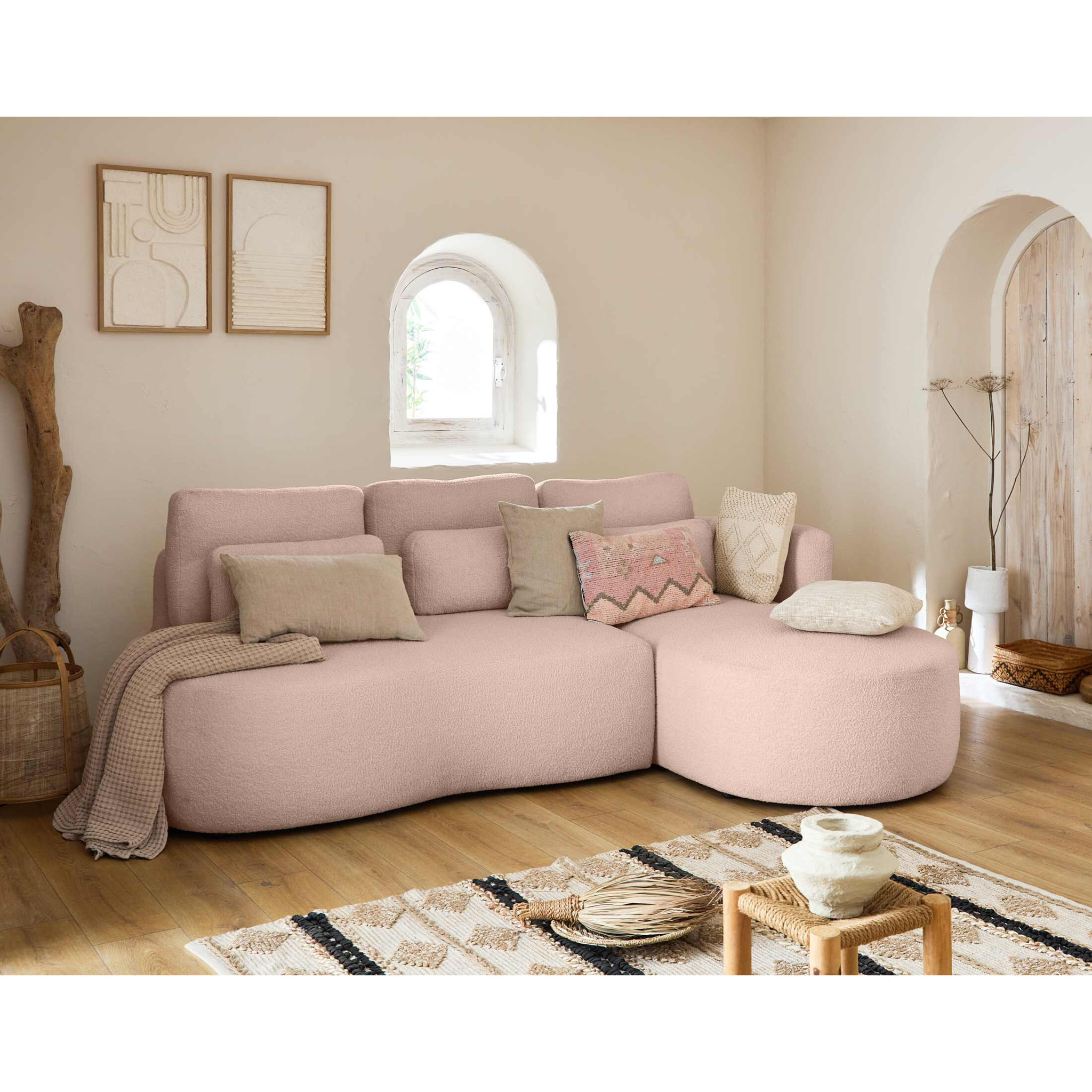 Mahina - canapé d'angle droit - 4 places - convertible avec coffre - en tissu bouclette - Rose