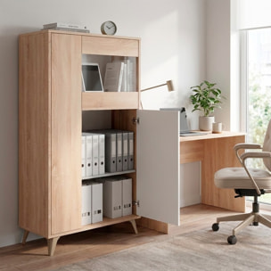 Credenza Con Vetrina Moderna Mobile contenitore Con Ripiani Interni In Truciolare Melaminico Ideale Per Soggiorno 77 x 33 x 142 Cm Bianco E Rovere