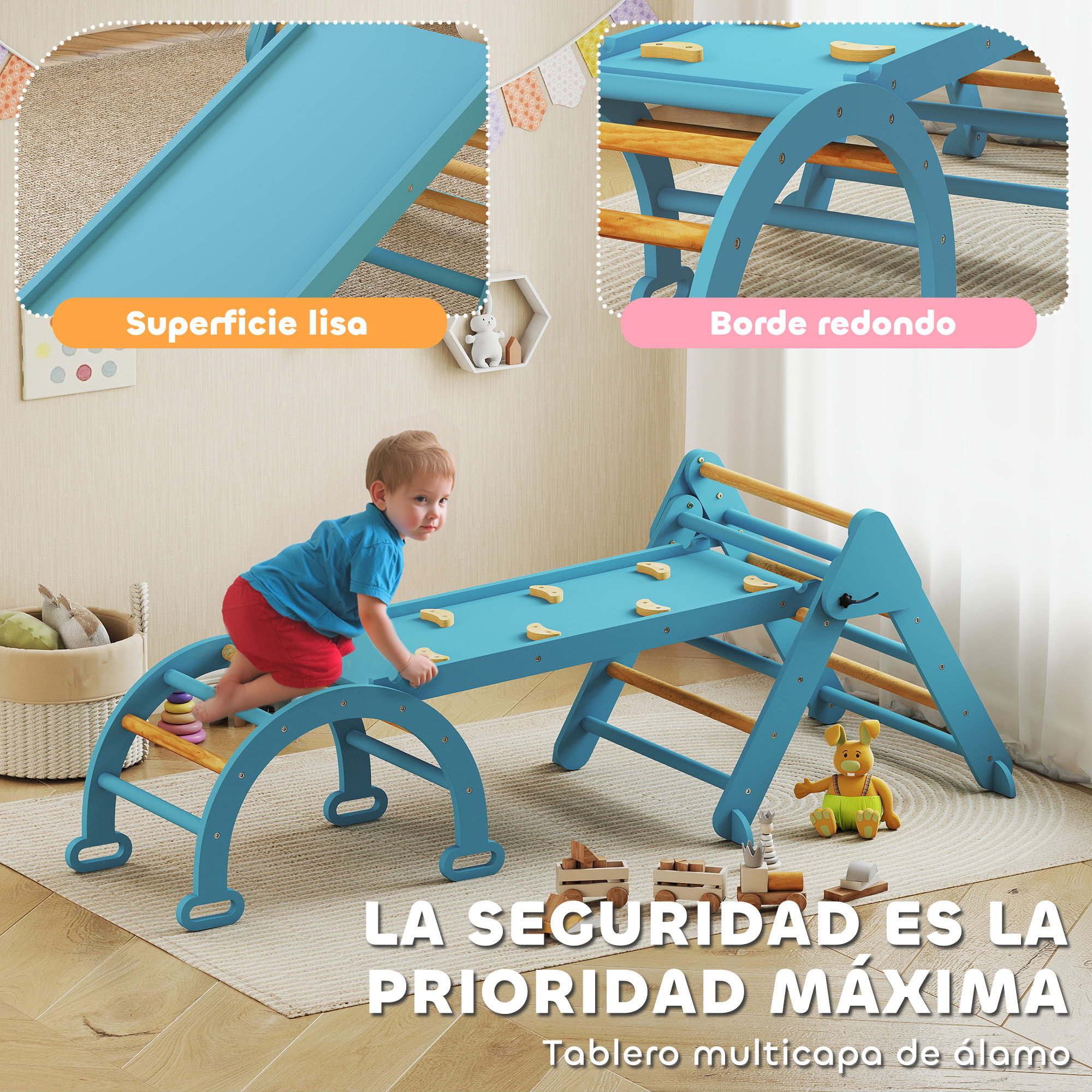7 en 1 Triángulo de Escalada Montessori con Arco y Rampa, Escalada para Niños de Madera Plegable, para 18-48 Meses, para Deslizarse o Escalar, 188x70 cm, Azul