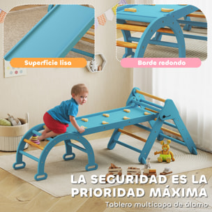 7 en 1 Triángulo de Escalada Montessori con Arco y Rampa, Escalada para Niños de Madera Plegable, para 18-48 Meses, para Deslizarse o Escalar, 188x70 cm, Azul