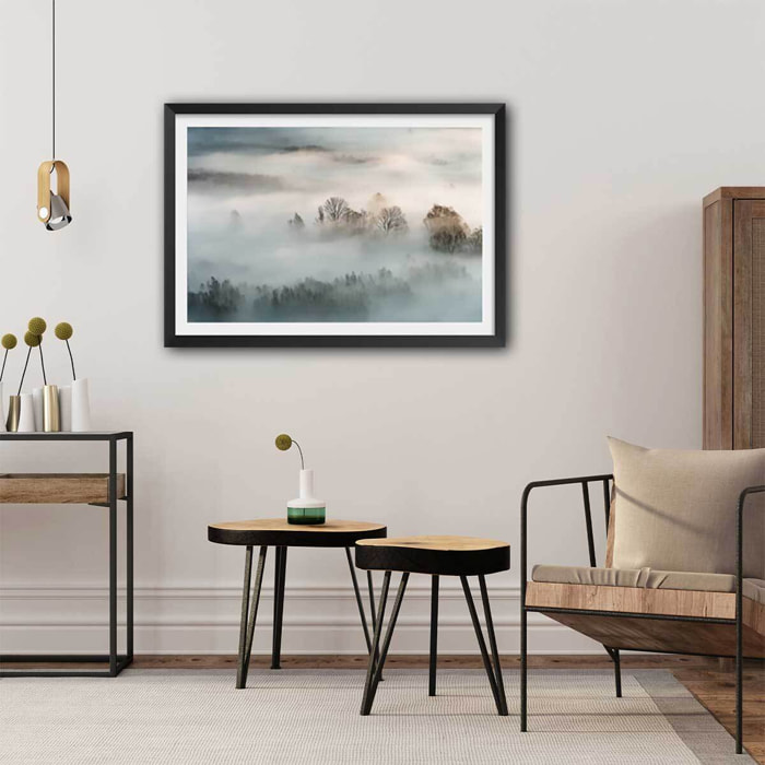 Affiche paysage brouillard hivernal Affiche + cadre en bois - Noir