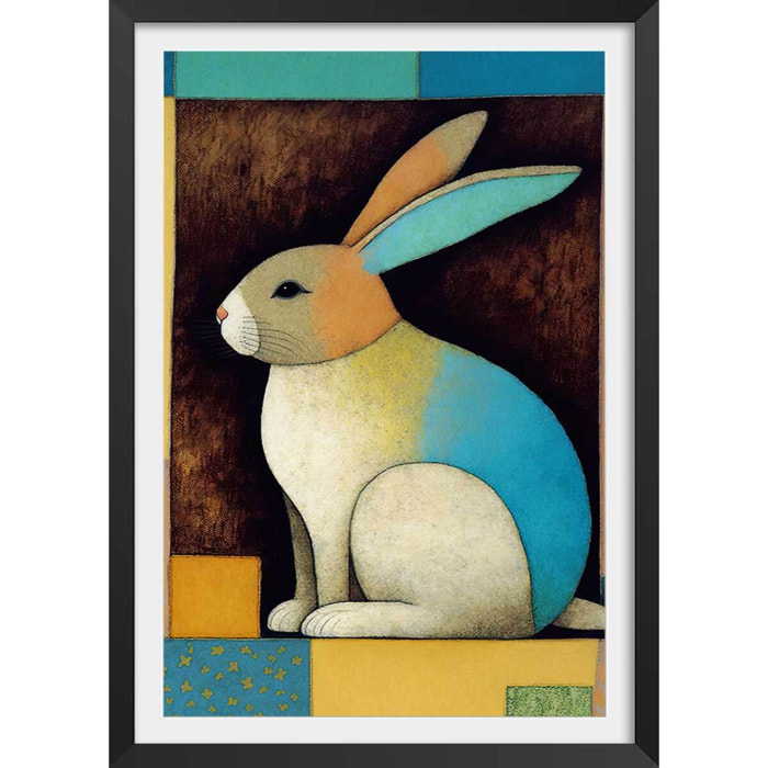 Affiche enfant lapin dans la boîte  Affiche + cadre en bois - Noir