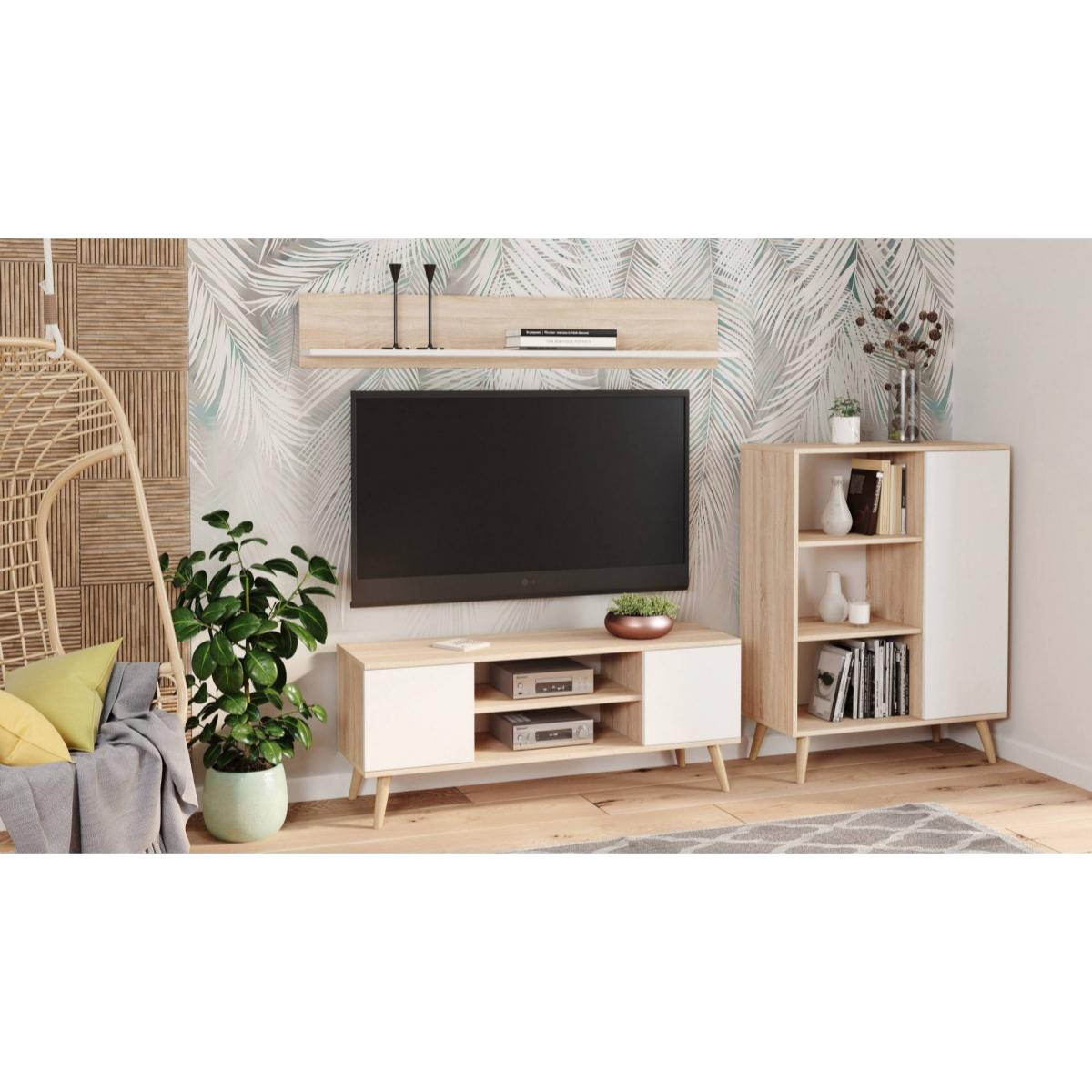 Credenza a 1 anta e 2 ripiani, Buffet con piedini, Madia da soggiorno in stile scandi, Libreria con scaffali, cm 40x90h116, colore Bianco e Rovere