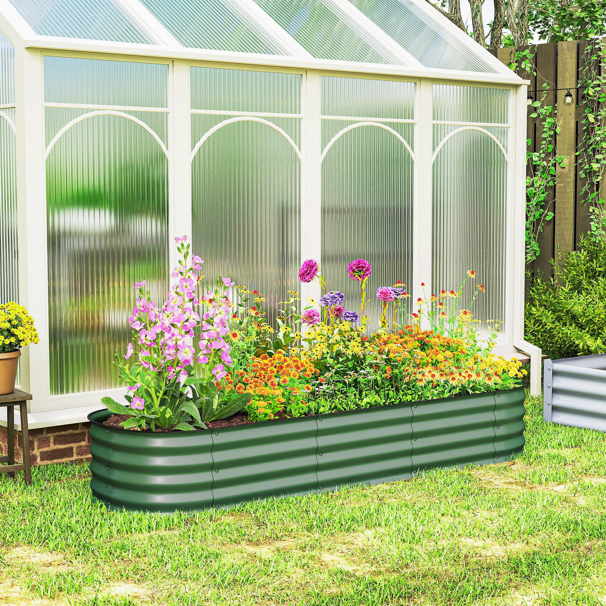 Carré potager de jardin dim. 195L x 62l x 30H cm modulable tôle d'acier ondulée vert