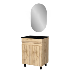 Meuble Salle de Bains 60cm 2 Portes Chêne Naturel + Vasque Noire et Miroir Ovale