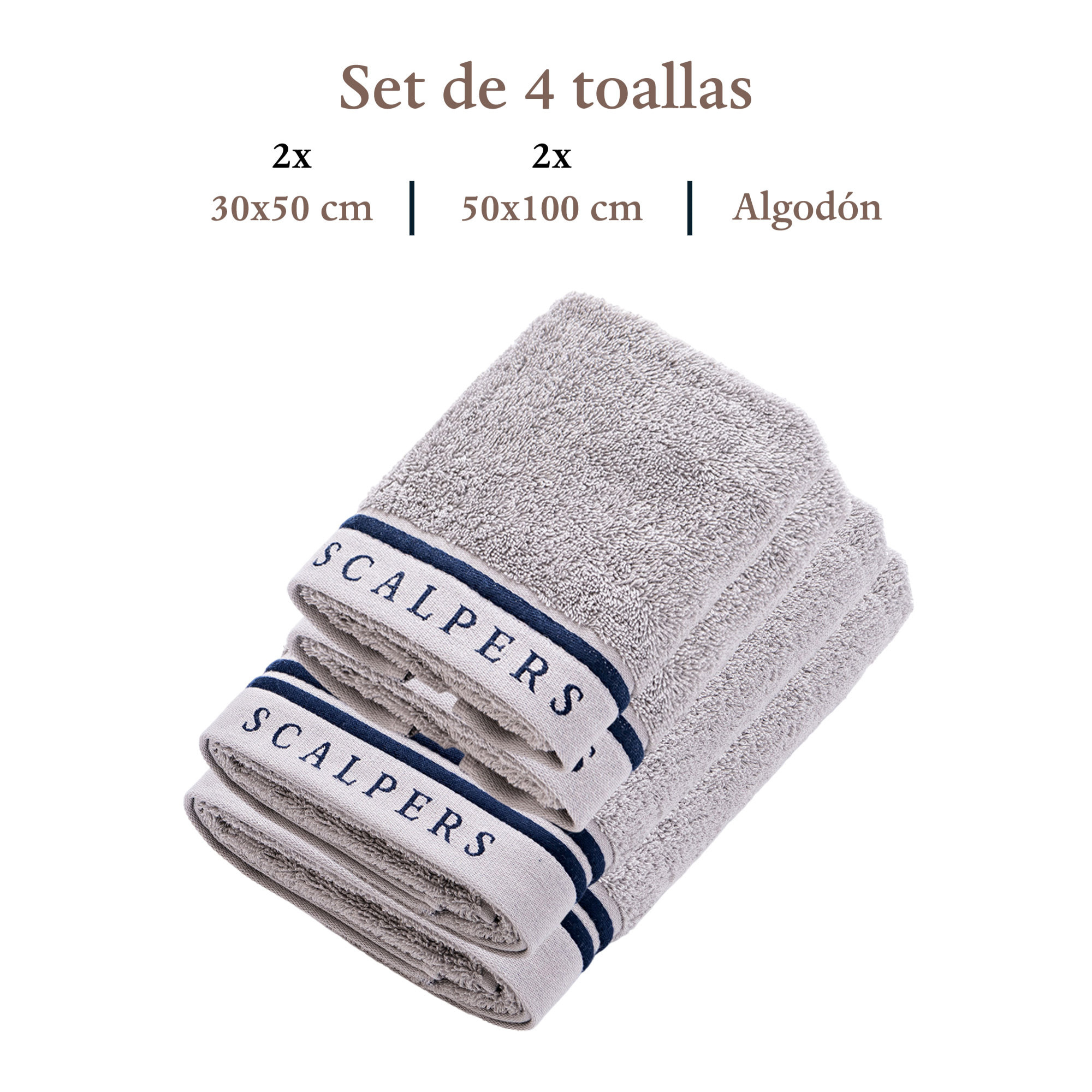 Set de 4 toallas: 2 de invitados (50x30) y 2 de lavabo (100x50) 100% algodón, 550 gsm, gris con rayas scalpers home