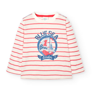 Camiseta niÃ±o, algodÃ³n, estampado de rayas, coral