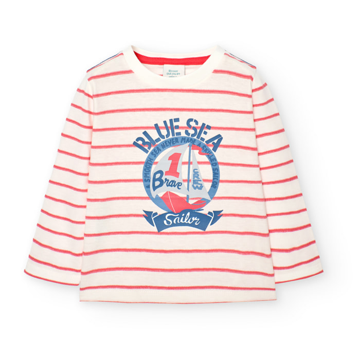 Camiseta niÃ±o, algodÃ³n, estampado de rayas, coral