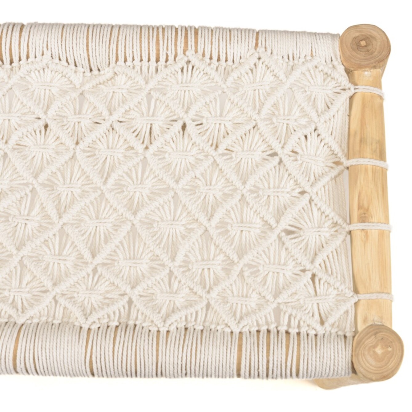 WILL - Banc en branches de teck naturel assise en macramé blanc