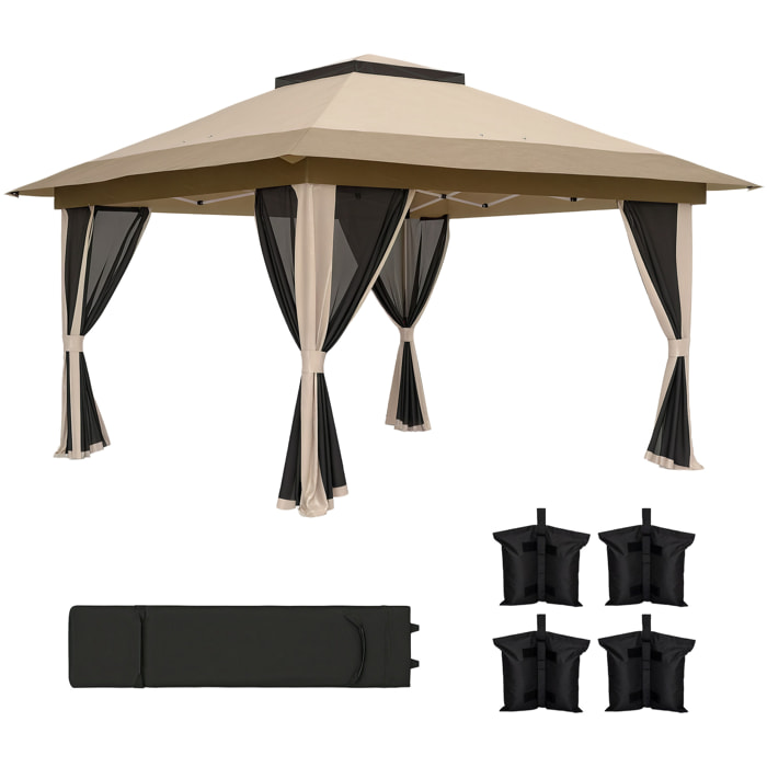 Carpa Plegable Gazebo, 3,6x3,6 m, Cenador Plegable con 4 Paredes Laterales de Malla, Anti-UV, Altura Ajustable, Bolsa de Arena y Bolsa de Transporte, para Camping, Fiestas, Beige