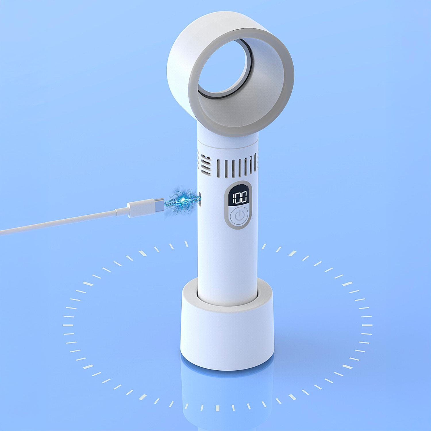 Ventilador sin aspas portátil con 5 niveles de velocidad y pantalla LCD.