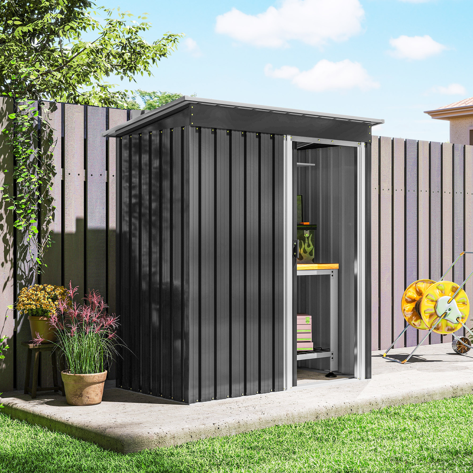 Abri de jardin - remise pour outils - cabanon porte coulissante - dim. 163L x 89l x 182H cm - tôle d'acier noir blanc