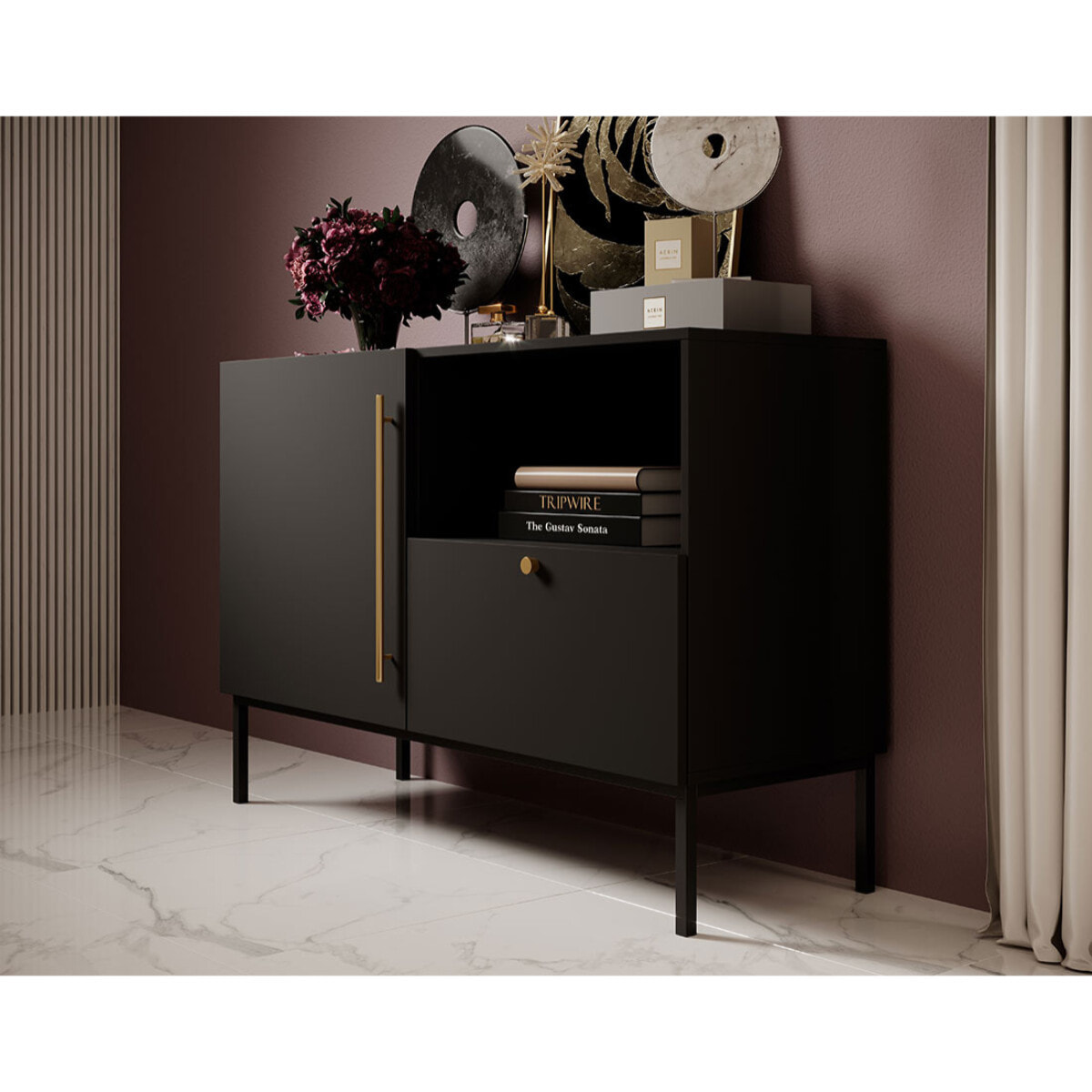 Felicia - buffet bas - noir - 1 porte, 1 tiroir et 1 niche - 120 cm - Noir