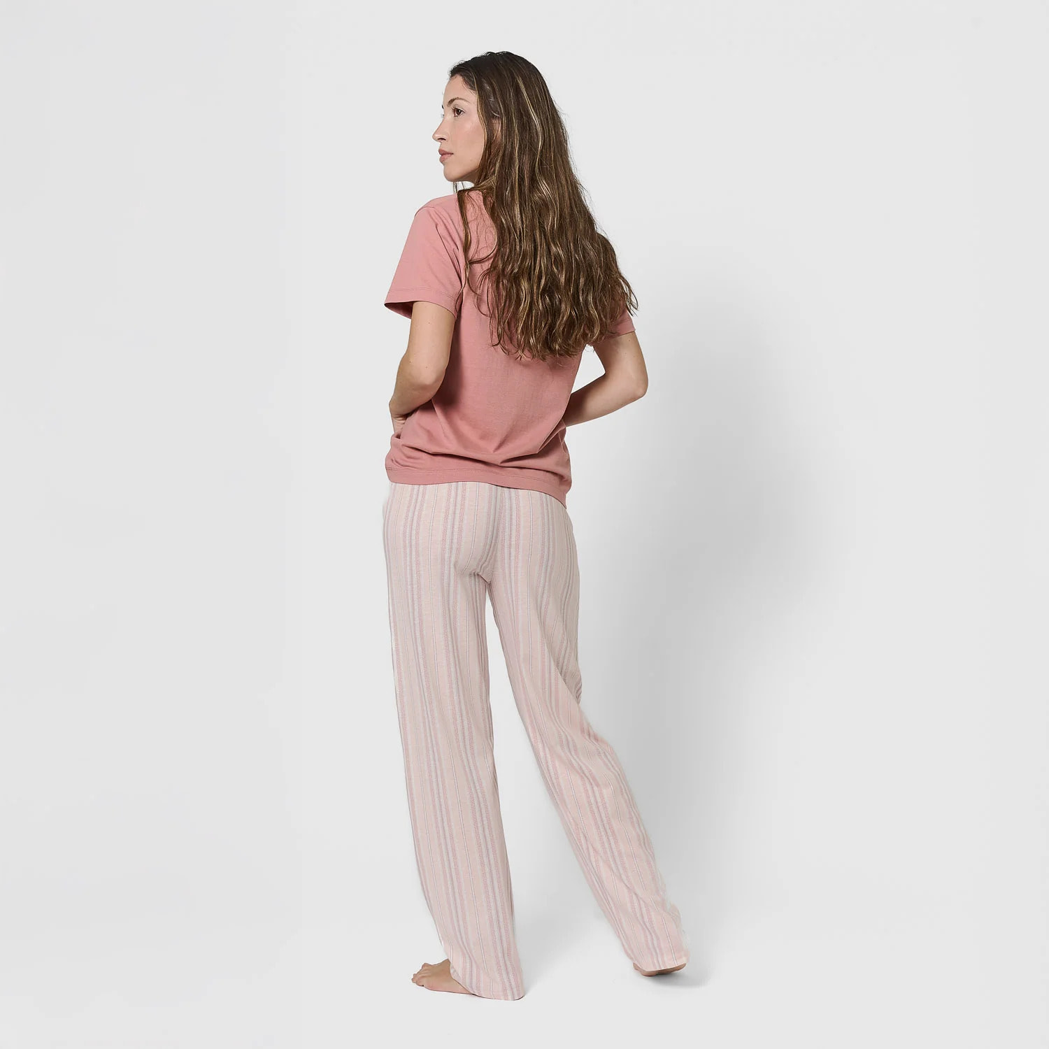 Pigiama lungo di cotone, maniche corte, scollo a v, a righe rosa