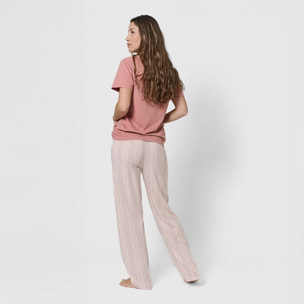 Pigiama lungo di cotone, maniche corte, scollo a v, a righe rosa