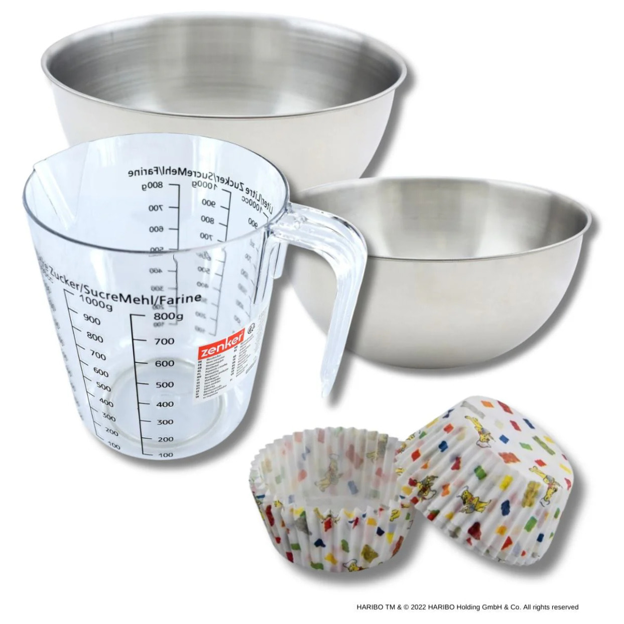 Set pâtisserie avec 50 moules à muffins motif ourson en papier, 2 bols à mixer, verre mesureur et spatule Zenker