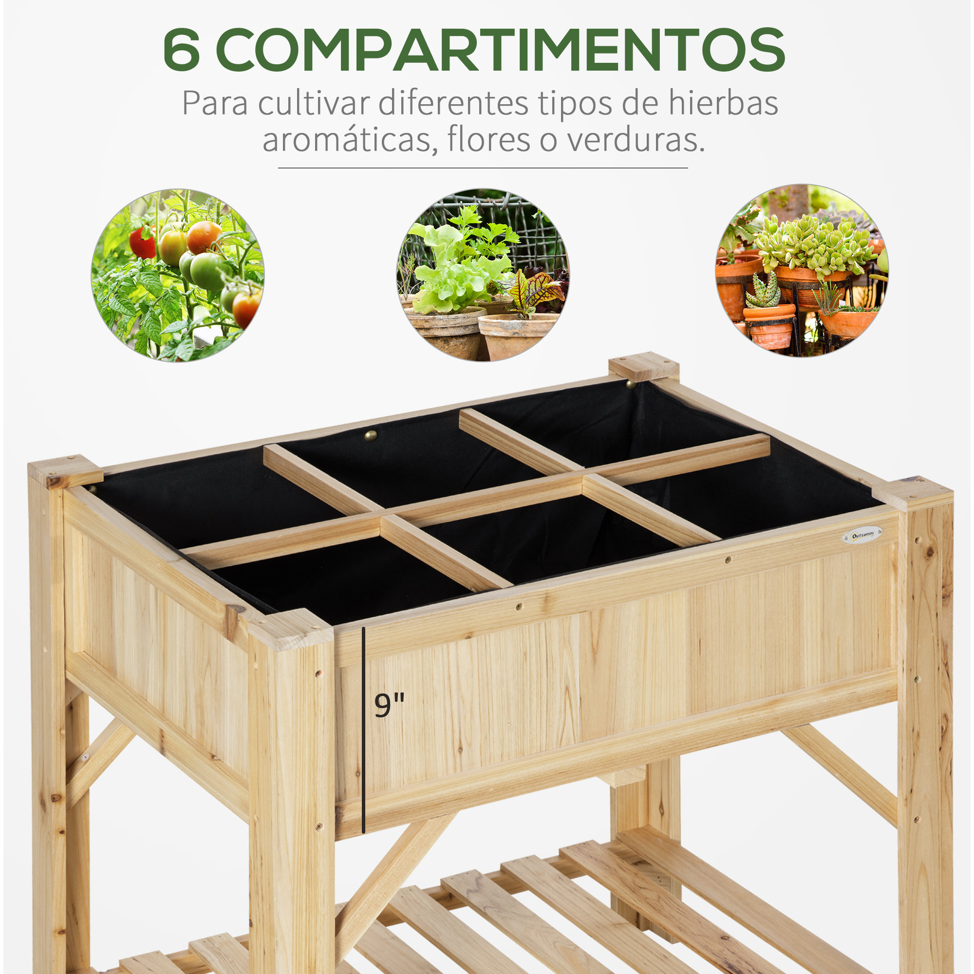 Huerto Urbano de Madera 120x60x81 cm con 6 Compartimentos y Estante para Plantas