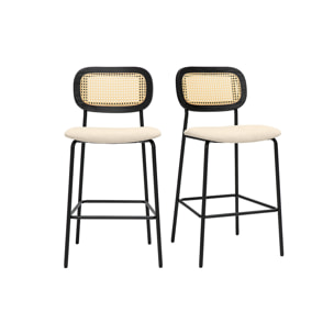 Tabourets design en tissu effet velours texturé beige, métal noir et cannage rotin (lot de 2) MIRANDA
