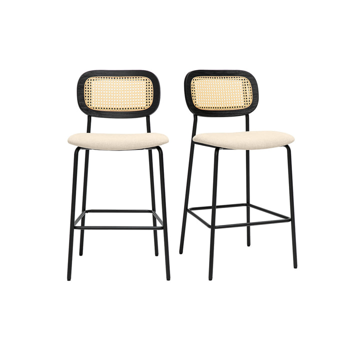 Tabourets design en tissu effet velours texturé beige, métal noir et cannage rotin (lot de 2) MIRANDA