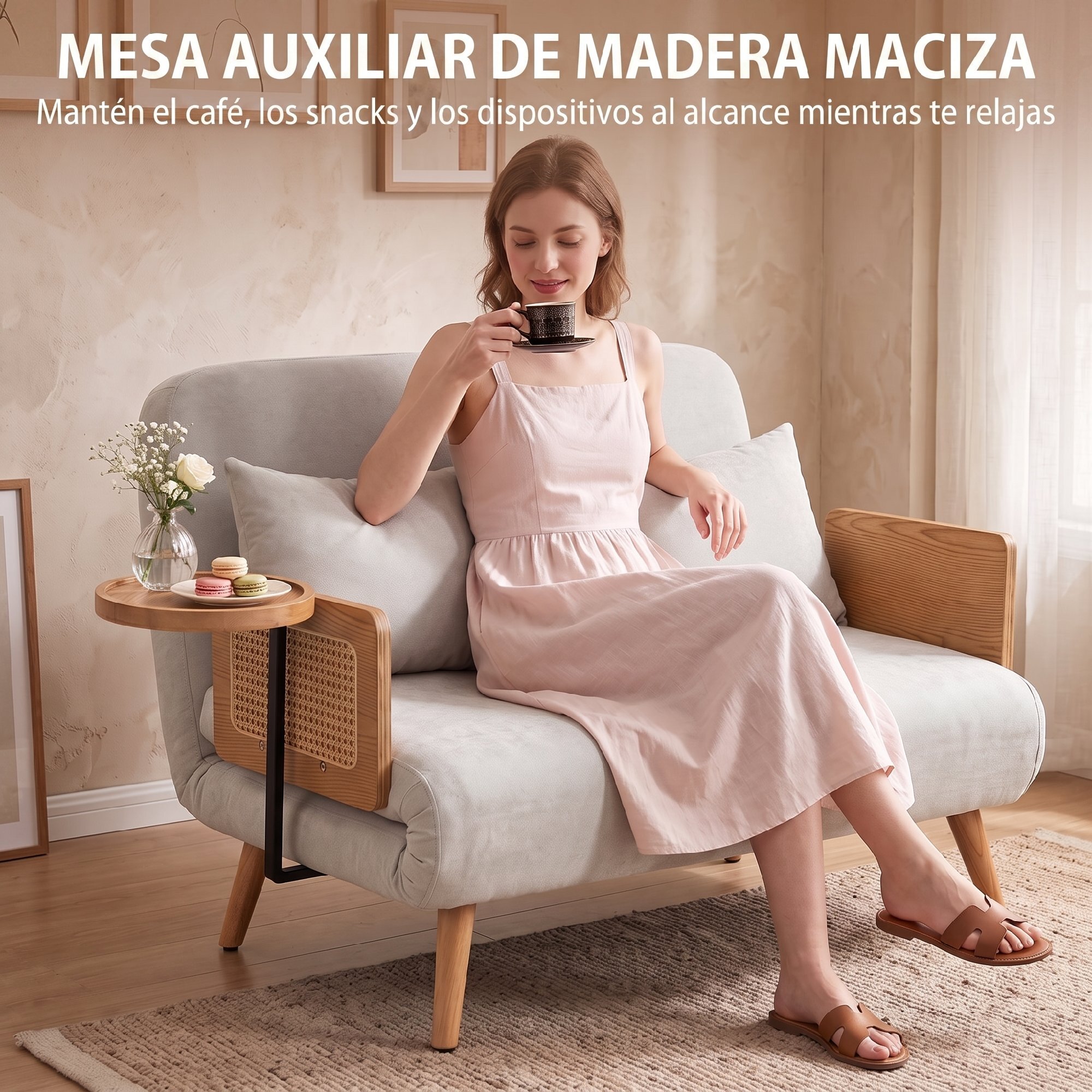 Sofá Cama 2 Plazas Convertible, 3 en 1, Sofá Cama Plegable, Tapizado Chenilla, Respaldo Ajustable, Mesa Lateral de Madera, 2 Almohadas con Funda Lavable, para Salón, 131x78x82 cm, Blanco Crema