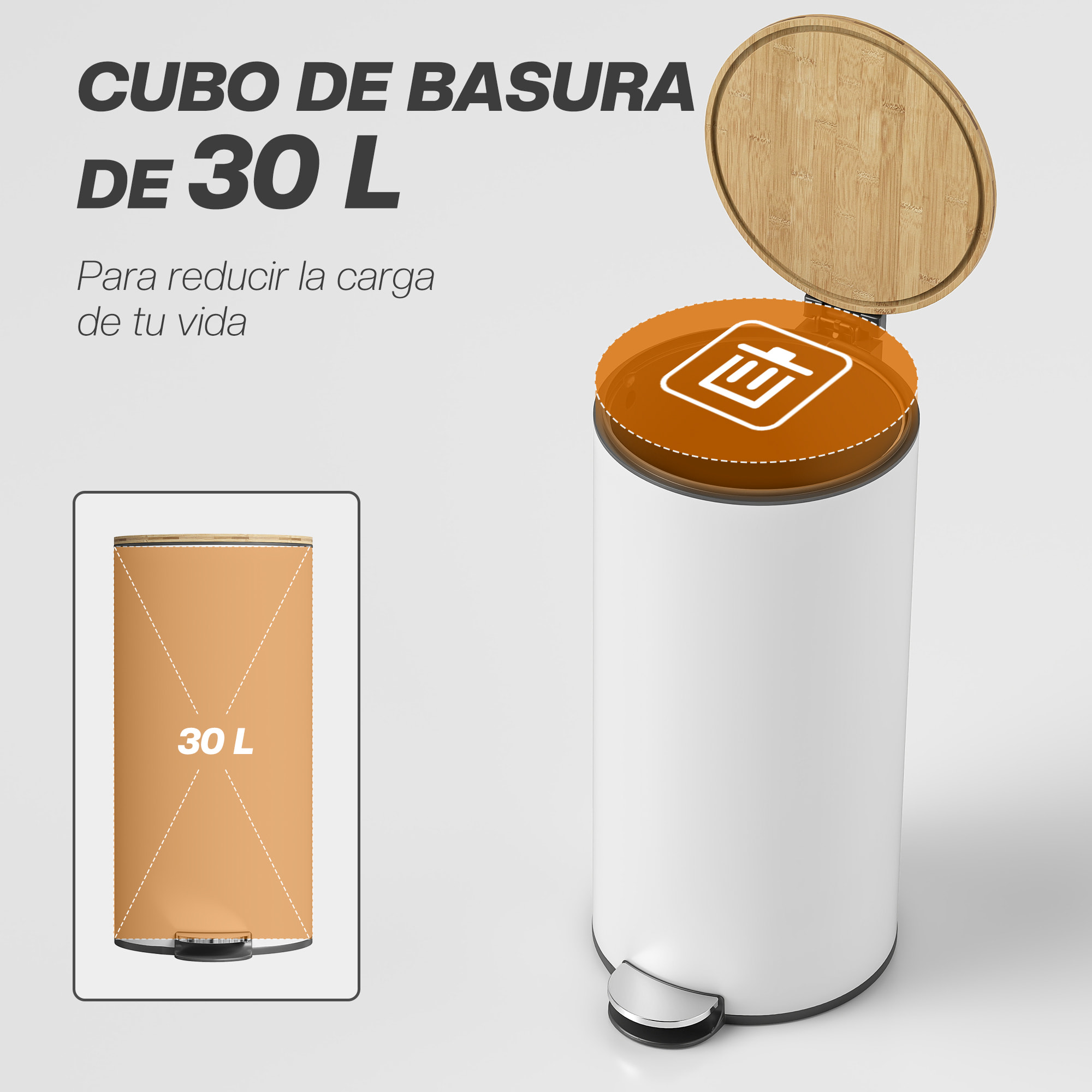 Cubo de Basura Cocina con Pedal, 30L, Papelera de Cocina Metálico con Tapa de Cierre Suave y Cubo Extraíble, para Dormitorio, Oficina, Estudio y Salón, 36x30x60,5 cm, Blanco y Madera Natural