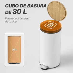 Cubo de Basura Cocina con Pedal, 30L, Papelera de Cocina Metálico con Tapa de Cierre Suave y Cubo Extraíble, para Dormitorio, Oficina, Estudio y Salón, 36x30x60,5 cm, Blanco y Madera Natural