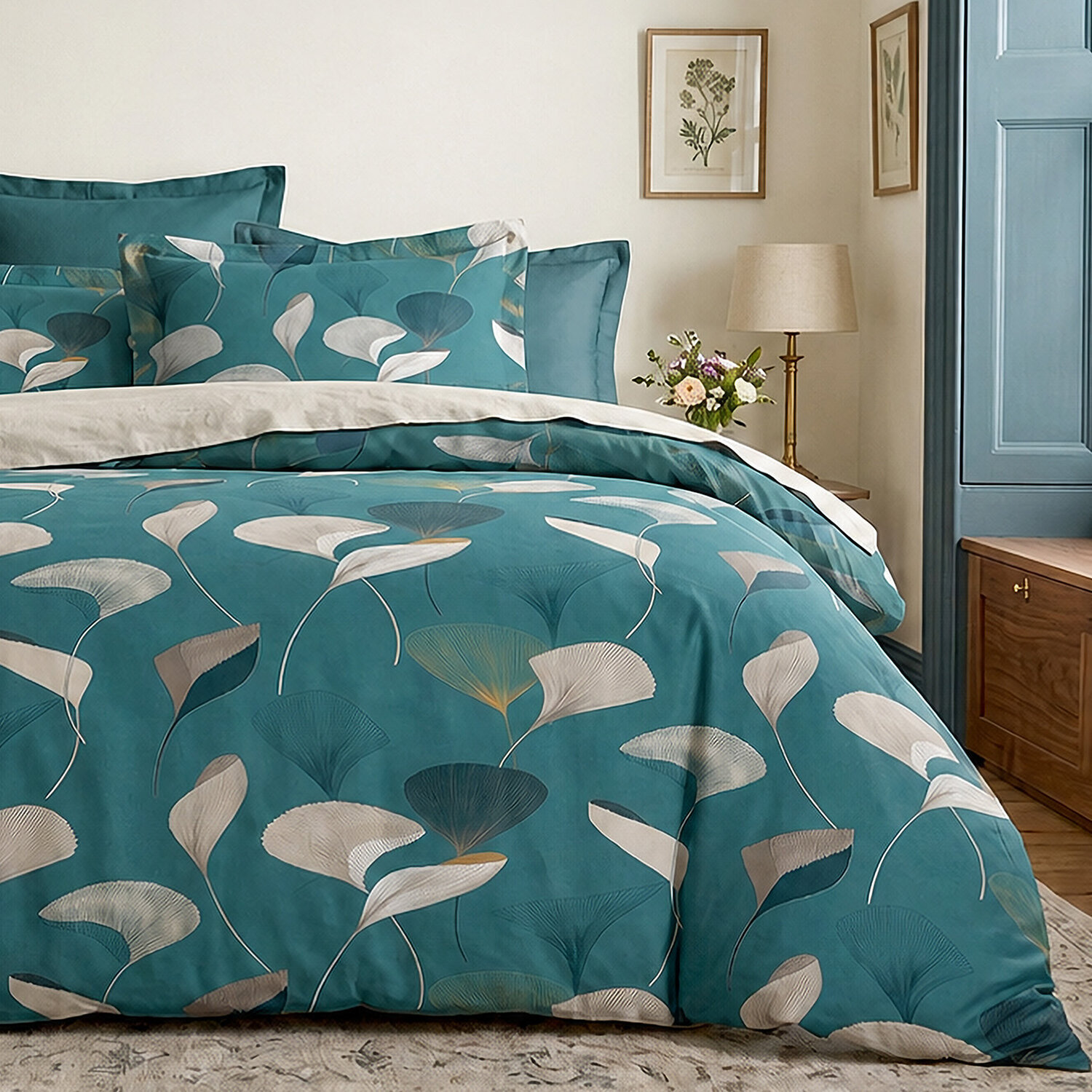 Parure housse de couette 100% coton motif feuilles de Ginkgo bleu canard et ocre - Apoline