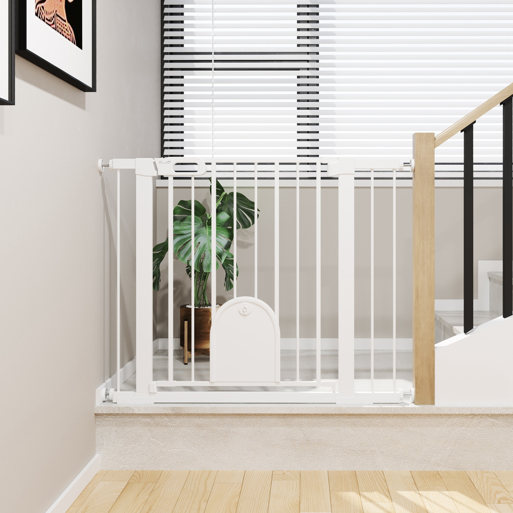 Barrière de sécurité chien H.76 cm - porte verrouillable - fixation par pression 75-103 cm - acier ABS blanc