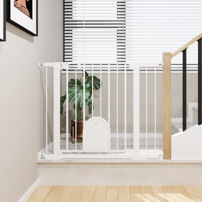 Barrière de sécurité chien H.76 cm - porte verrouillable - fixation par pression 75-103 cm - acier ABS blanc