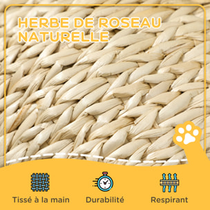 Panier chat style cosy chic quenouille naturelle tressée avec coussin crème