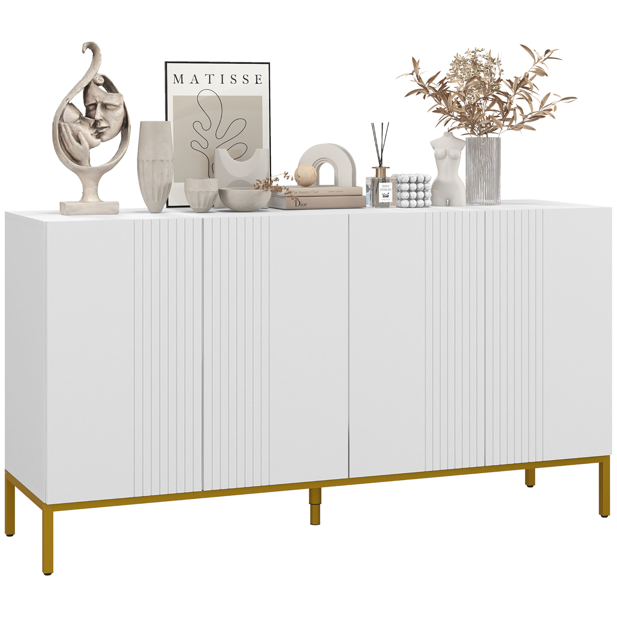 Aparador de 4 Puertas, Aparador de Salón Estrecho con Estantes Ajustables, Armario de Cocina con Cierre Suave y Patas Doradas, para Entrada, Dormitorio, 140x40x75 cm, Blanco