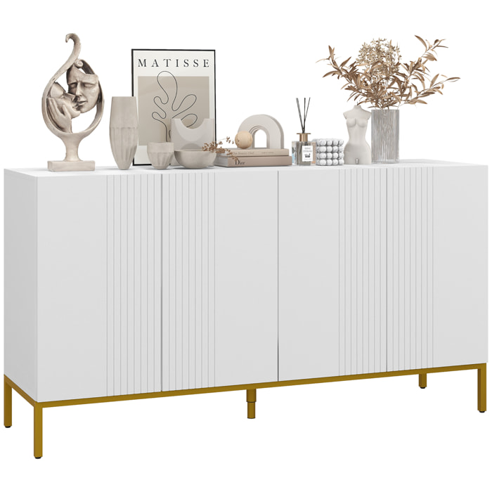 Aparador de 4 Puertas, Aparador de Salón Estrecho con Estantes Ajustables, Armario de Cocina con Cierre Suave y Patas Doradas, para Entrada, Dormitorio, 140x40x75 cm, Blanco