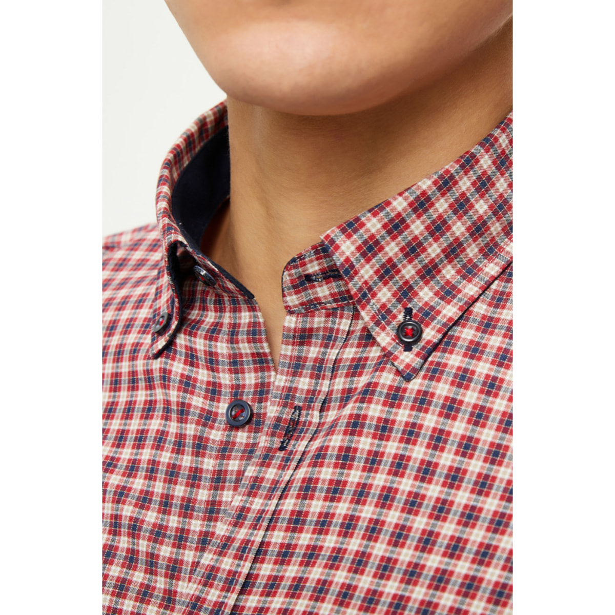 Camicia Uomo 1 Bottone Button Down Slim Cotone Poliestere Quadro Medio Blu\Rosso
