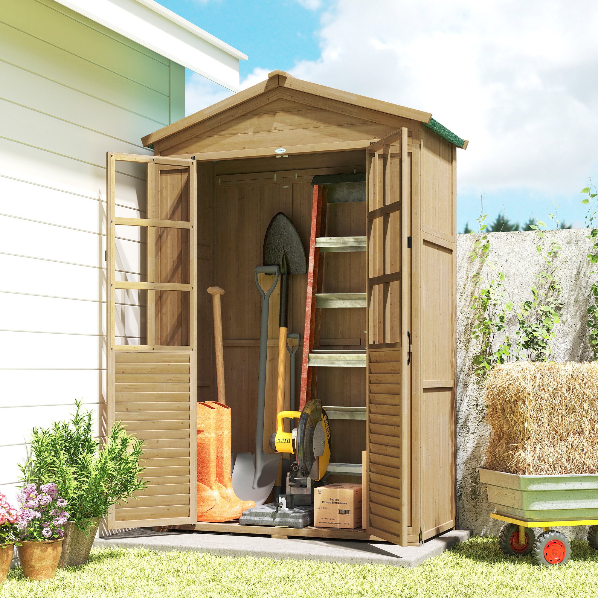 Armoire de jardin 0,6 m² bois acrylique 2 portes 3 étagères toit double pente bitumé