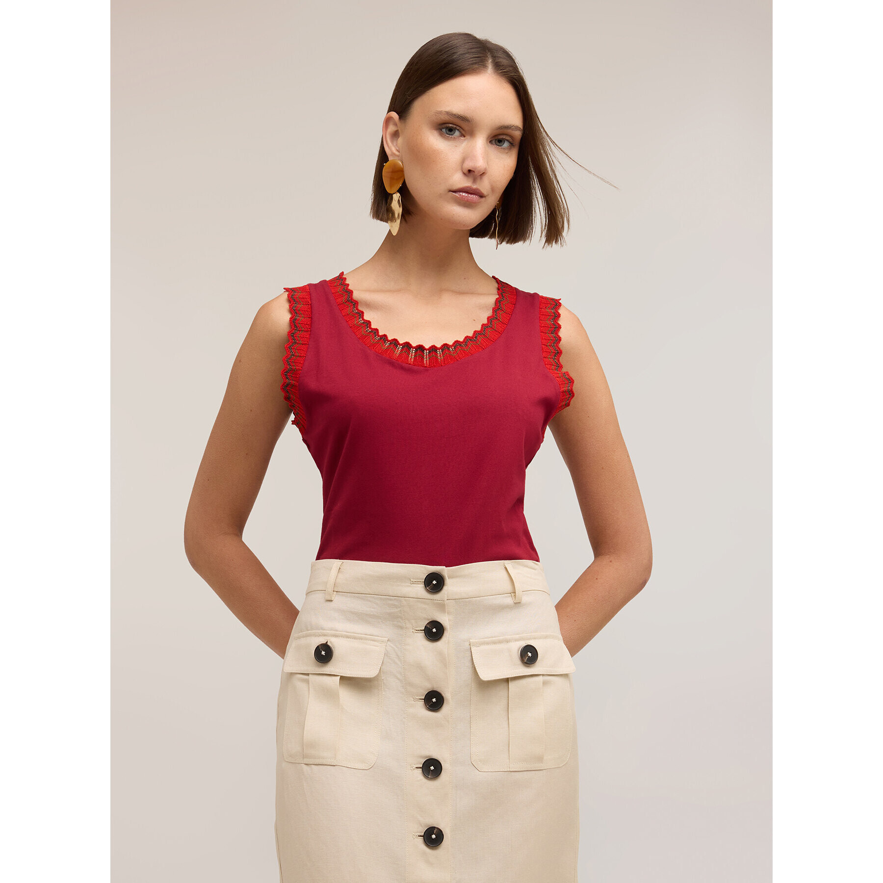 Motivi - Top in jersey con bordo in maglia - Bordeaux