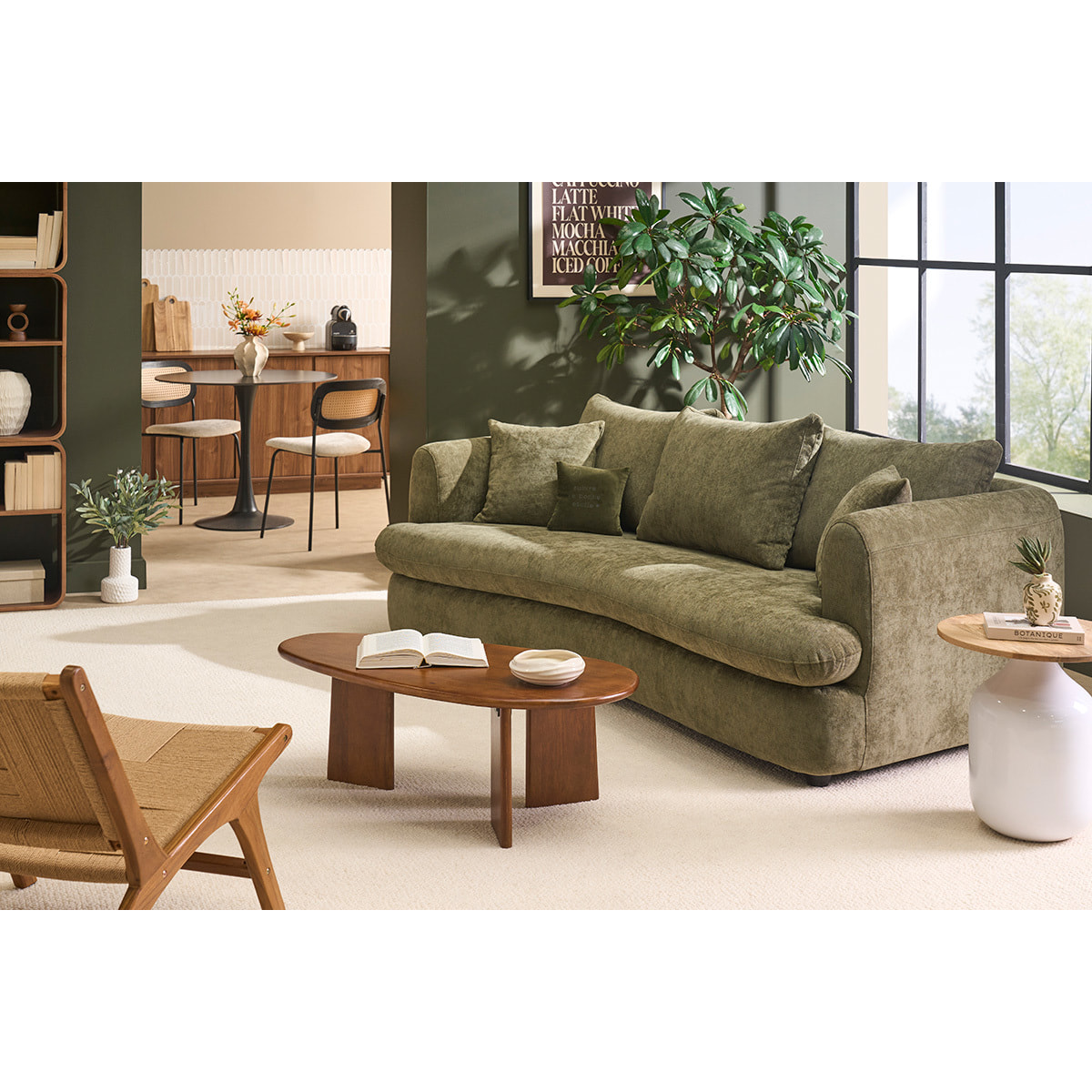 Canapé déhoussable 3-4 places design haricot en tissu effet velours texturé vert kaki SACHA