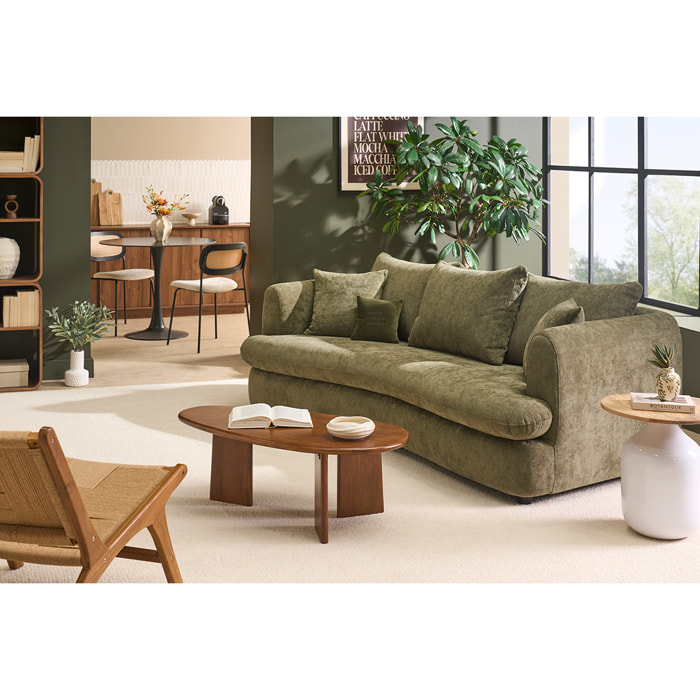 Canapé déhoussable 3-4 places design haricot en tissu effet velours texturé vert kaki SACHA