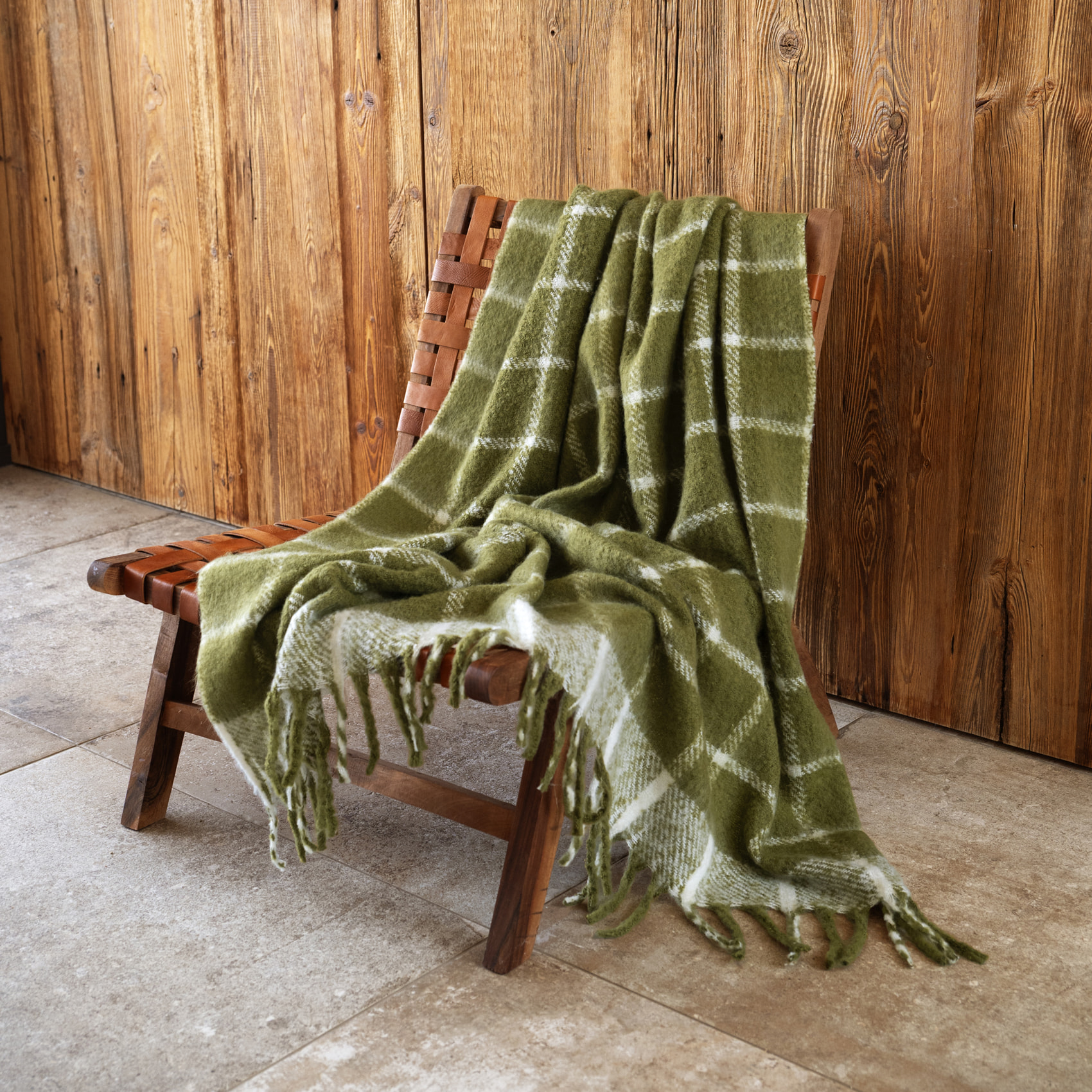 Plaid à carreaux aspect mohair avec franges - Vert