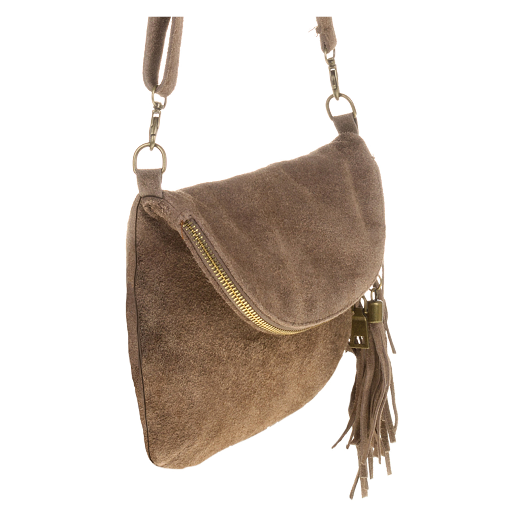 Borsa a Spalla da Donna Cenerente Vera Pelle Scamosciata Made in Italy 24x3x19 Cm. Marrone chiaro