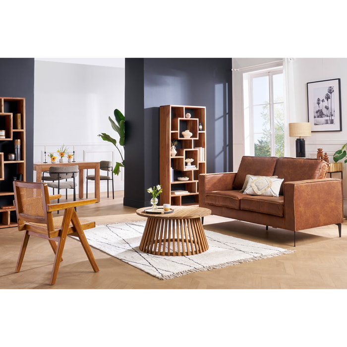 Canapé vintage 2-3 places cuir marron cognac aspect vieilli et métal noir SONNY