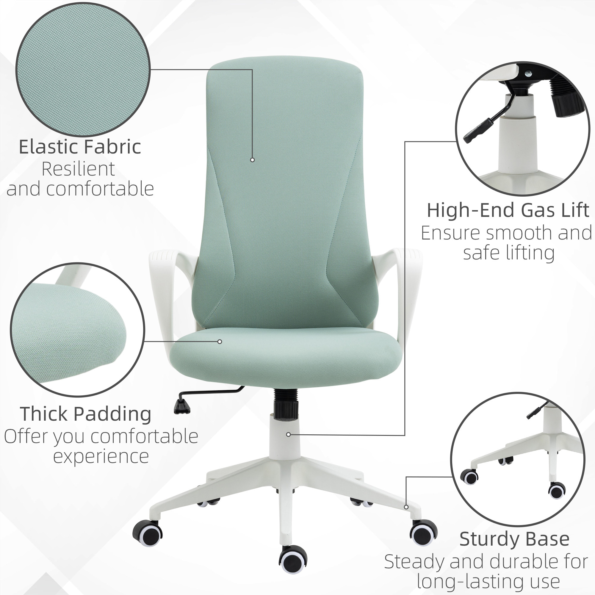 Fauteuil de bureau manager ergonomique inclinable réglable acier nylon blanc polyester vert d'eau