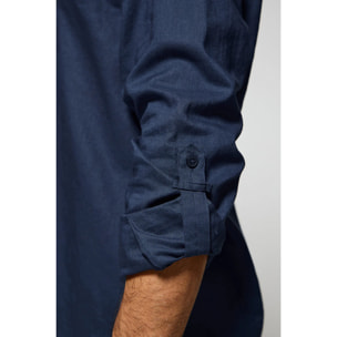 Camisa azul marino de lino y algodón regular fit con logo bordado