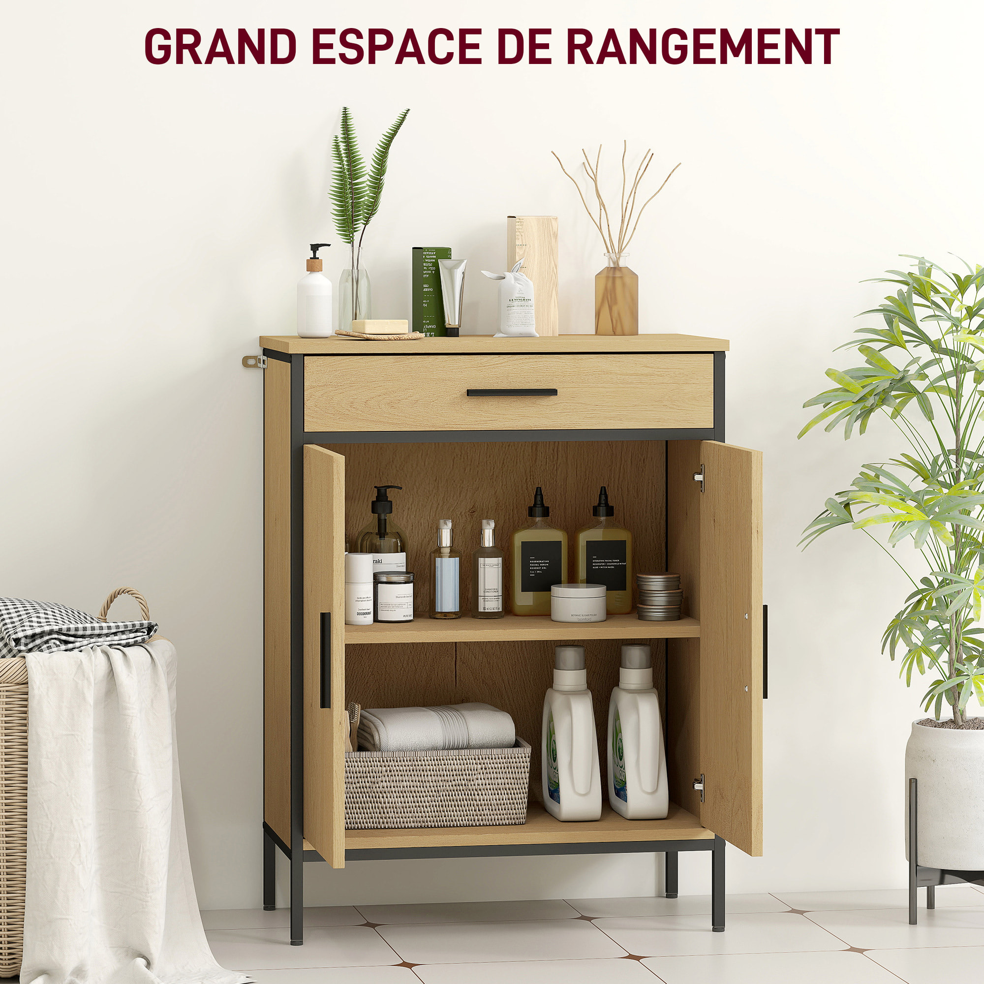 Meuble bas de salle de bain métal bois style industriel - buffet 2 portes étagère tiroir - dim. 60 x 30 x 80 cm