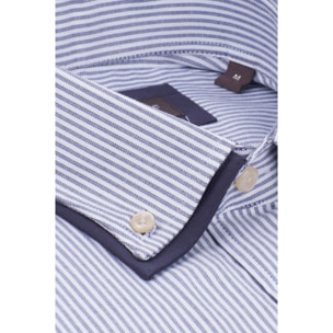 Camicia Uomo 1 Bottone Button Down Oxford Riga Stretta Blu\Bianco