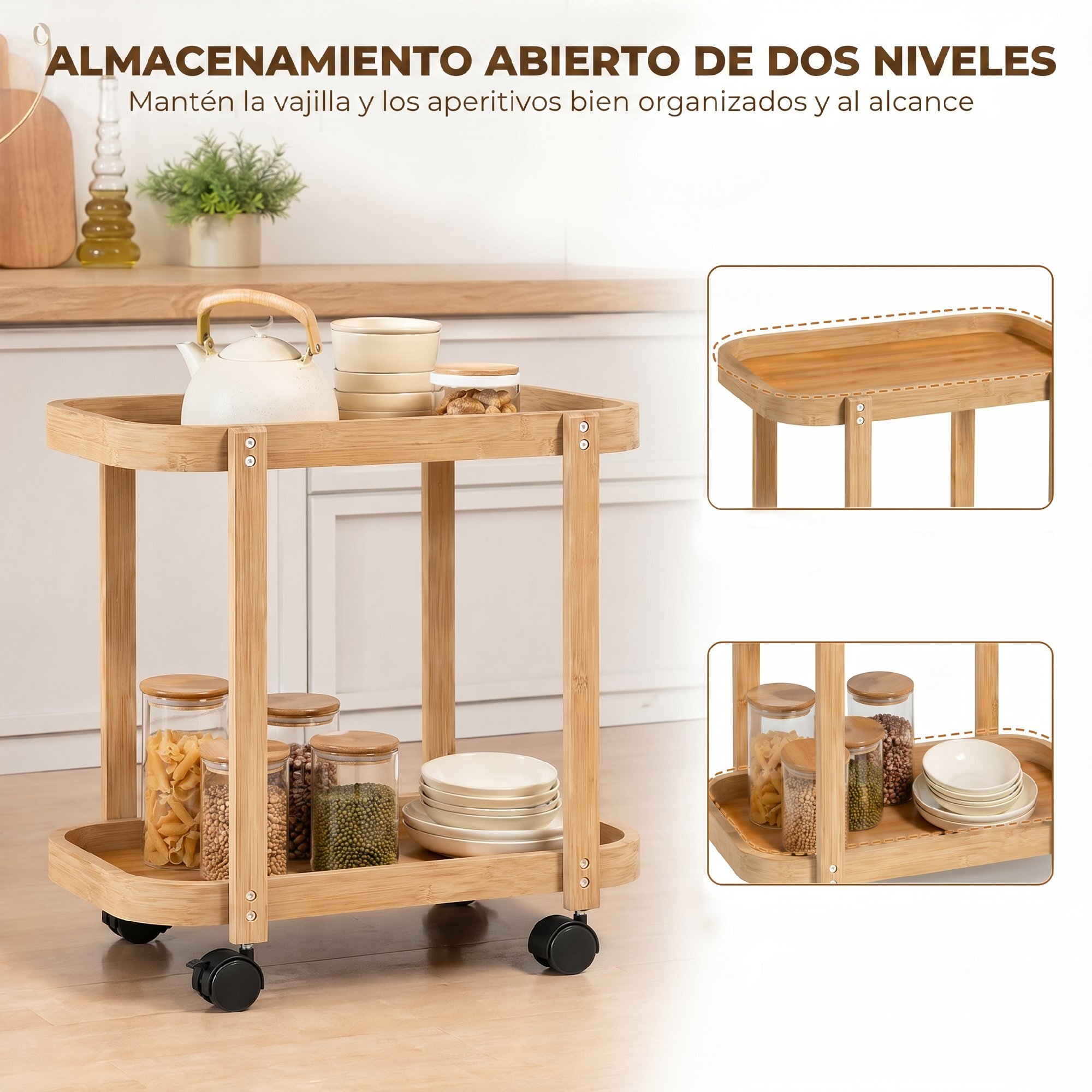 Carrito de Cocina de Bambú de 2 Niveles, Carrito Auxiliar de Cocina con Ruedas, 2 Estantes Abiertos, Diseño Curvo, para Comedor, 54x36,5x60 cm, Natural