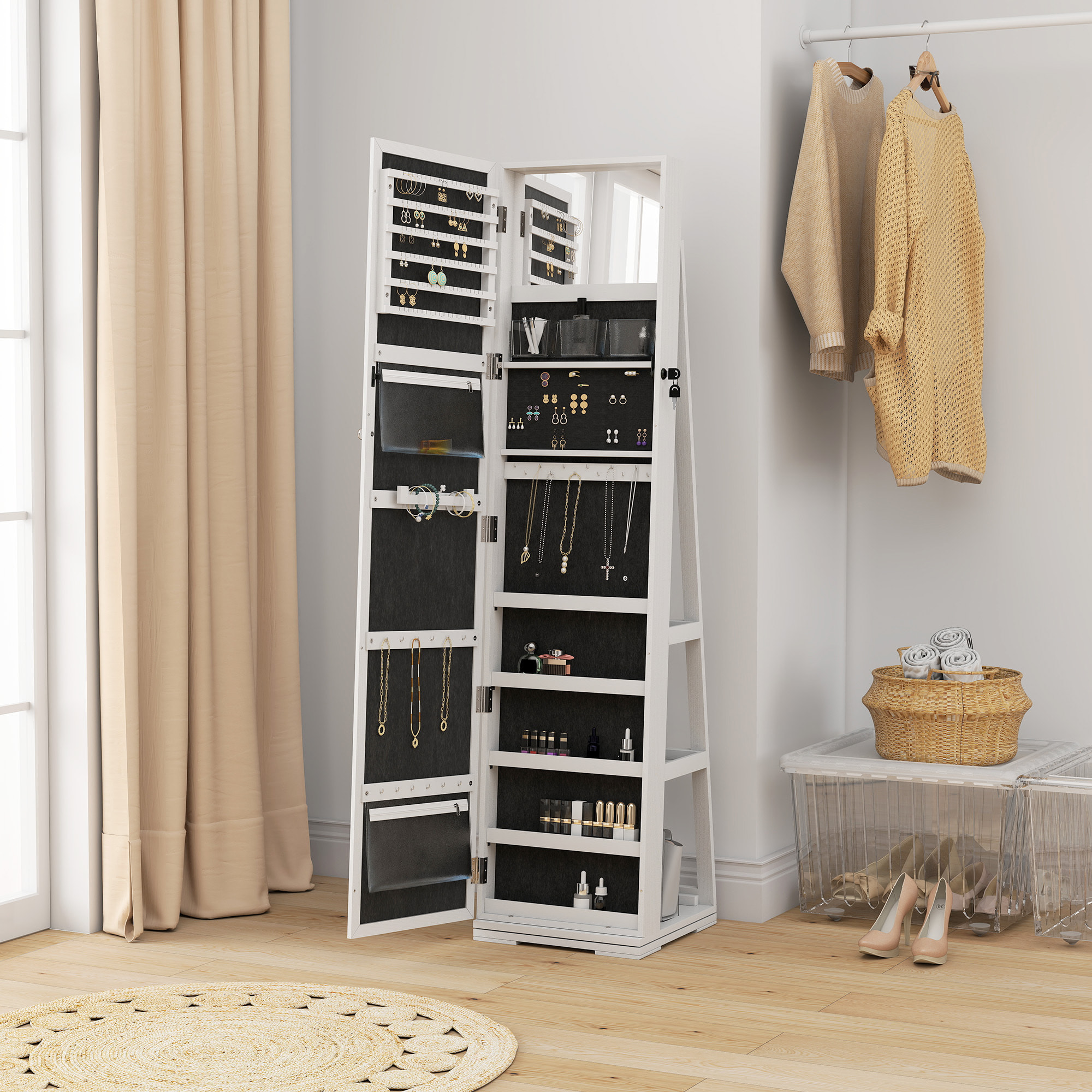 Armoire à bijoux pivotante verrouillable avec miroir - armoire bijoux multi-rangement - MDF gris clair