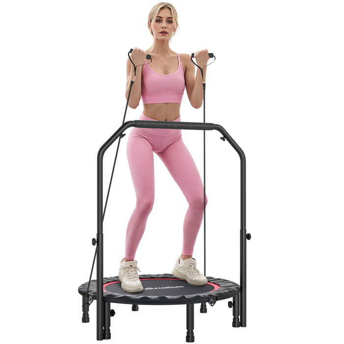 Trampolín de Fitness Adultos Ø102 cm, Cama Elástica Plegable con Mango Ajustable de 4 Niveles y Bandas, para Entrenamiento Piernas Cuerpo en Hogar Oficina Gimnasio Exterior, Carga 150 kg Rojo