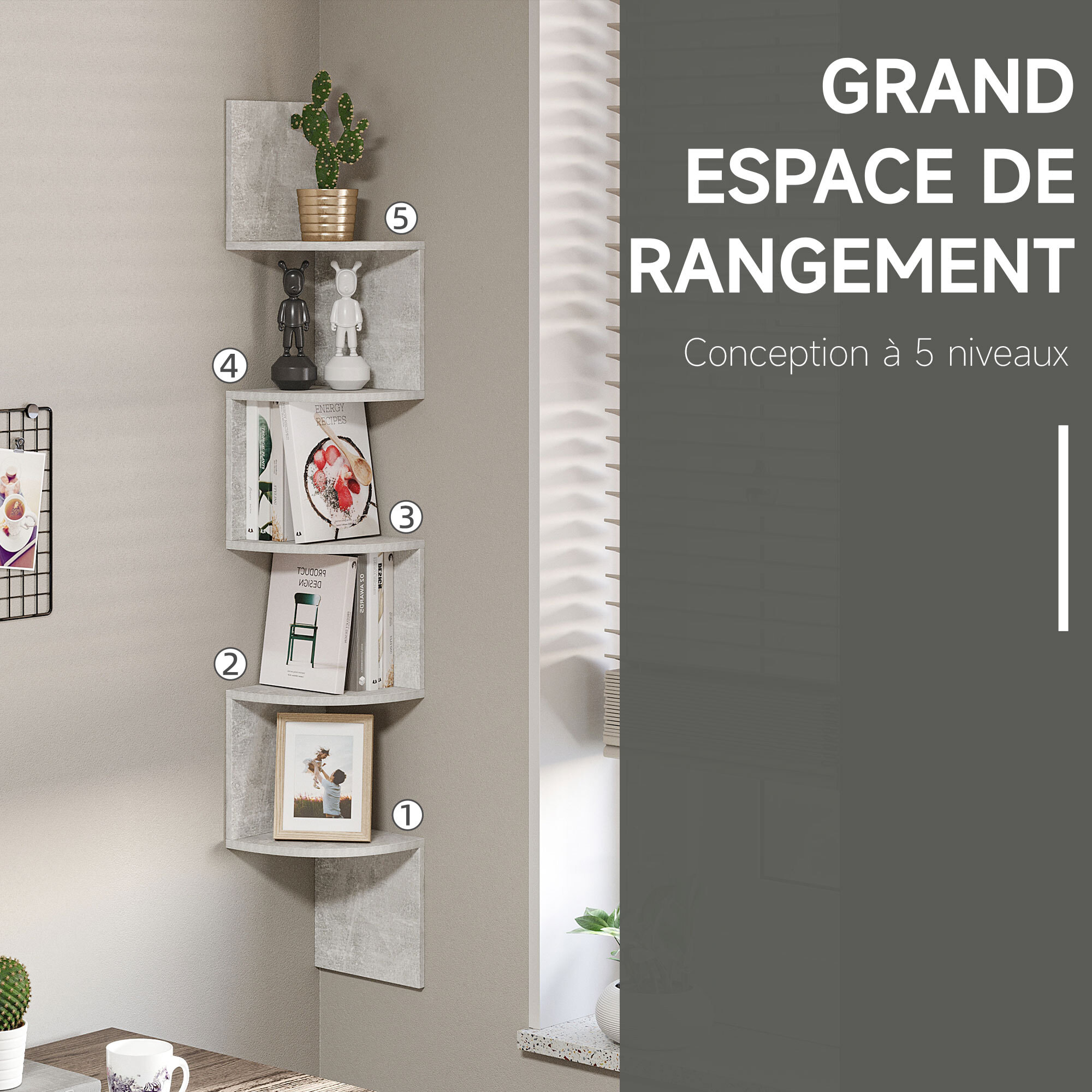 Étagère d'angle étagère de rangement design contemporain zig zag 20L x 20l x 126H cm 5 niveaux panneaux de particules gris